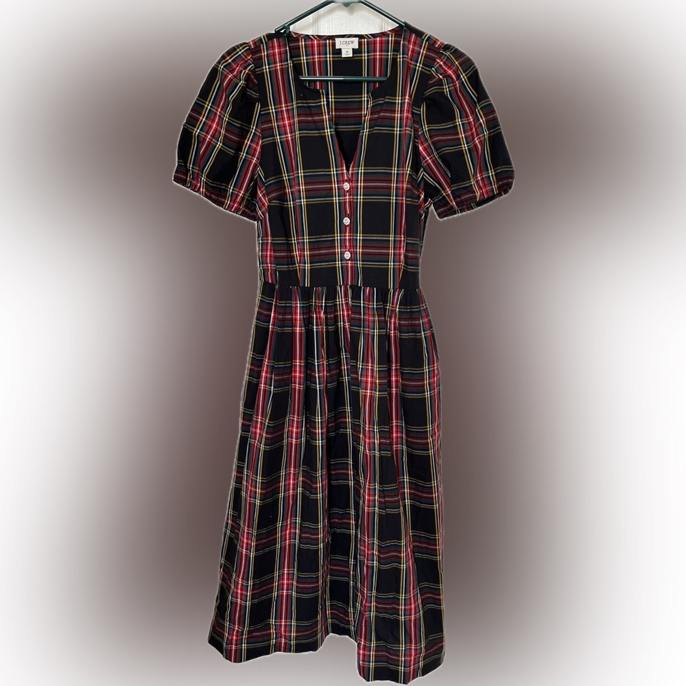 J. Crew Plaid Puff Sleeve Midi Dress Size 8 Black Red Tartan Holiday